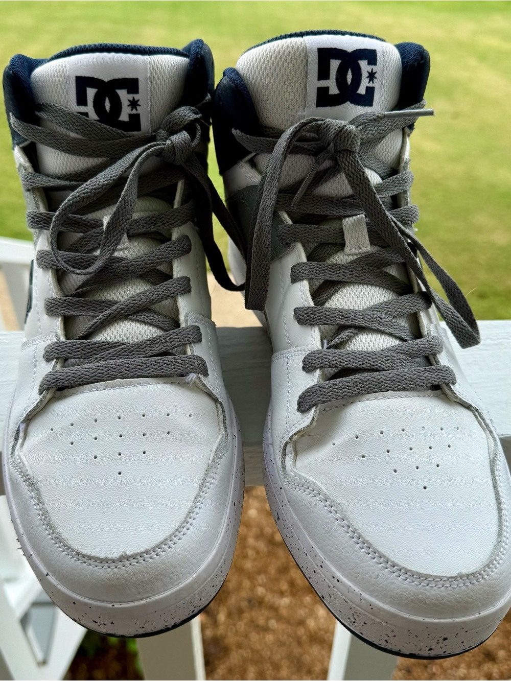 DC White High-Top Sneakers with Gray Laces and Navy and Gray Accents